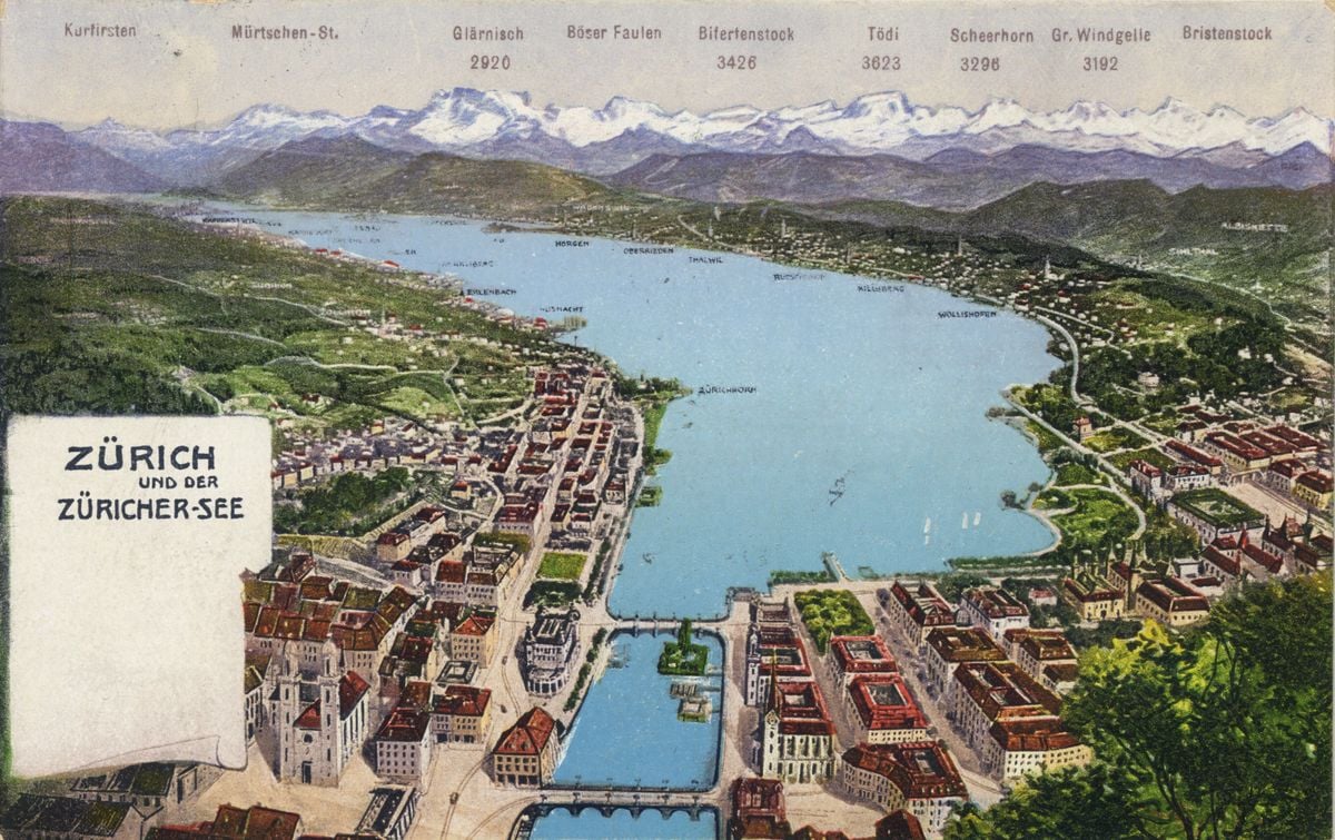Postkarte Altstadt und Alpenpanorama